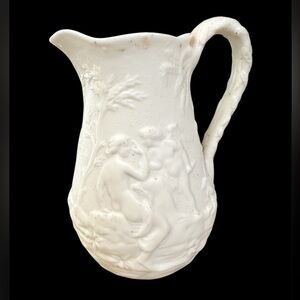 Sm white antique alabaster pitcher vase French Italian lady cherub bas relief